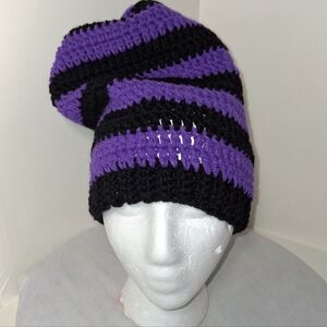 Beanie Slouchy Cap XL Black And Purple Striped Hat